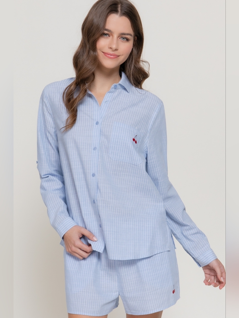 Active USA Blue Pinstripe Cherry Embroidered Button Front Shirt + Shorts Set